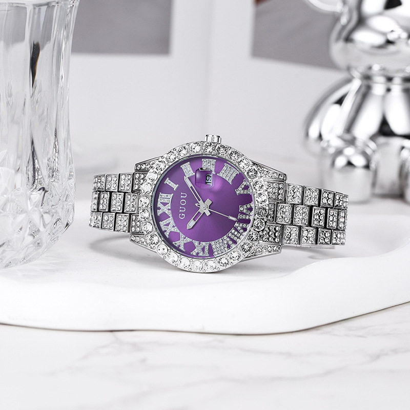 GUOU colored diamond hip hop roman numeral calendar diamond watch personality large dial star luxury steel band watch