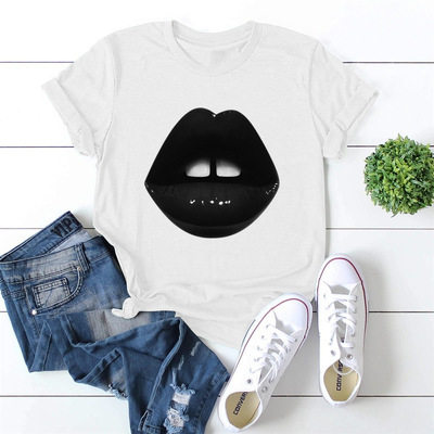 Plus Size Womens Black Short Sleeve T Shirt Lips Print Round Neck Fitted Style Casual Wear Wholesale Available