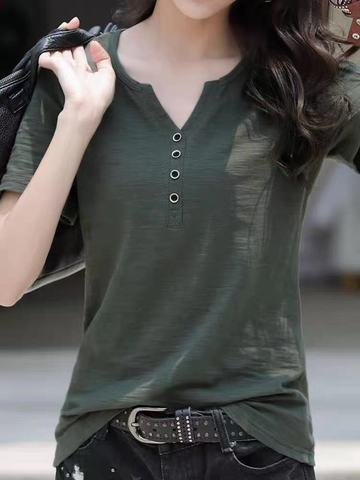 短袖t恤女v领宽松显瘦2025夏韩版大码纯色简约新款女装女士代发潮