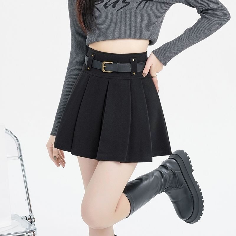 High Waist Pleated Skirt for Women Thick Fabric Retro Style Autumn Winter Fashion