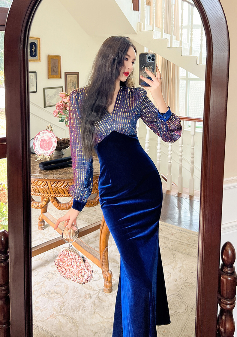 Đầm dài nhung phối sequin cổ chữ V dáng đuôi cá nữ — Xanh đá quý, Màu đen, Đỏ gỉ sắt