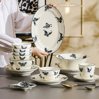 Vintage Butterfly Dishes Household Niche Dishes suit High-grade Ceramic Plate Dish Tableware Underglaze Color Rice Bowl
