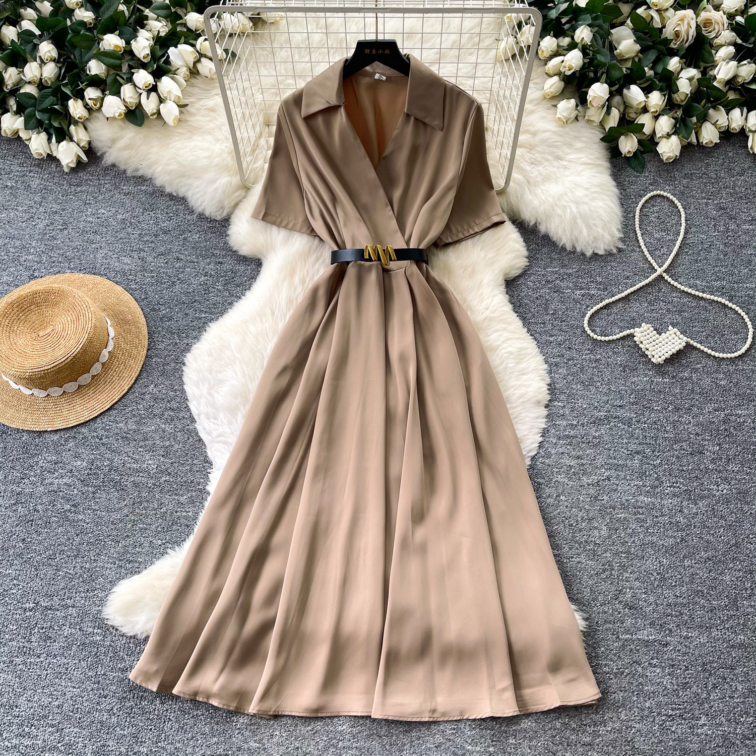 Satin A Line Dress for Women Soft Waist Defining Short Sleeve Summer Style Perfect for Commuting and Elegant