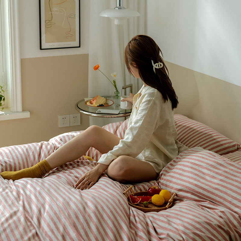 Non-printed cotton baby naked sleeping striped knitted cotton set bedding good pure cotton Tianzhu cotton three four-piece set