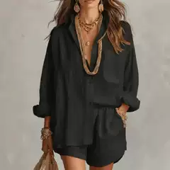 Amazon's 2026 Spring and Summer New European and American Cross-Border Lazy Style Shirt Set, Fashionable Solid Color Shorts Two-Piece Set for Women