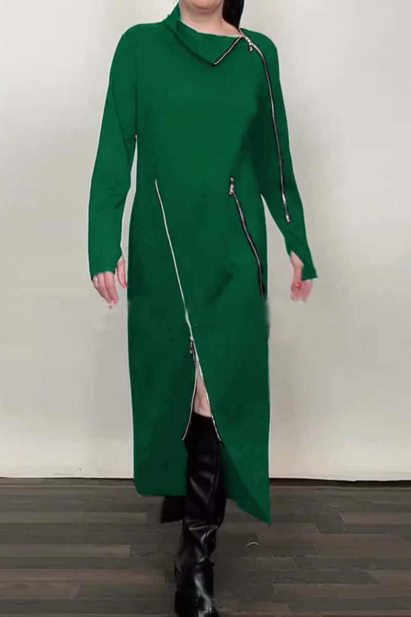 Winter Casual Solid Color High Neck Zip Long Sleeve Dress Stylish Comfortable Versatile Perfect for Everyday Wear