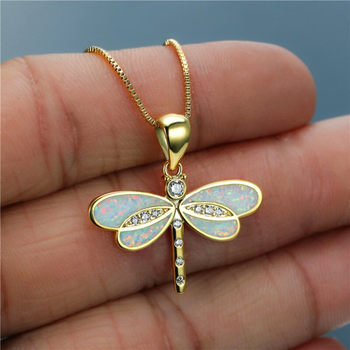 Cross-Border New Fashion White Simulated Opal Dragonfly Women's Pendant Necklace Australian Opal Jewelry with Diamonds
