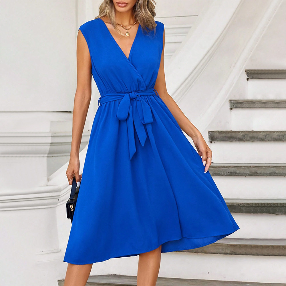 Elegant V Neck A Line Dress Waist Tie Flattering Fit Lightweight Fabric Summer Occasion Wholesale Available