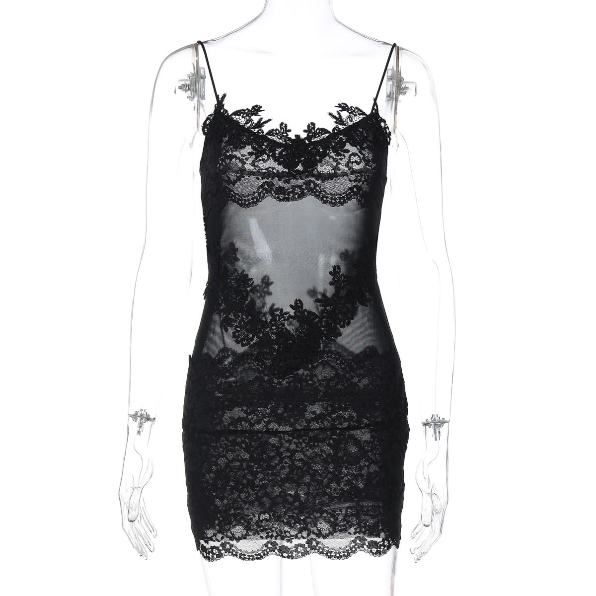 European and American Ins Style Fashion New Sexy Sexy Style See-Through Lace Wrapped Chest Stitching Hip-Covering Lace Dress for Women