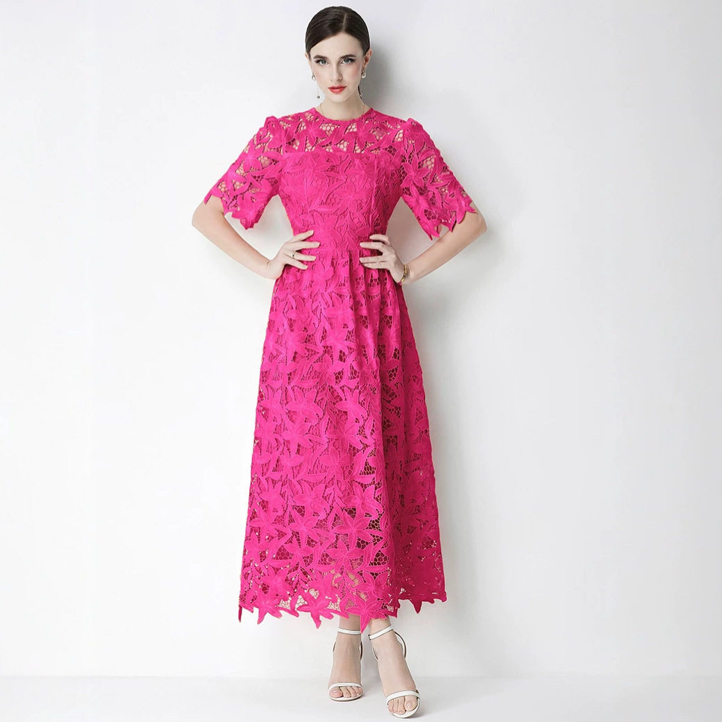 Luxury Lace Hollow Out Maxi Dress Elegant Round Neck Summer Style Perfect for Vacations Wholesale Available