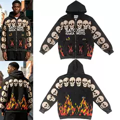 Satoshi Hip-Hop Street Style Retro Washed Vintage Flame Skull Cardigan Hoodie Sweatshirt Jacket