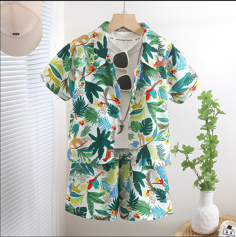 New Boys' Collared Short-Sleeve Set, Beach Hong Kong Style Printed Shirt Two-Piece, Thin Summer Vacation Outfit
