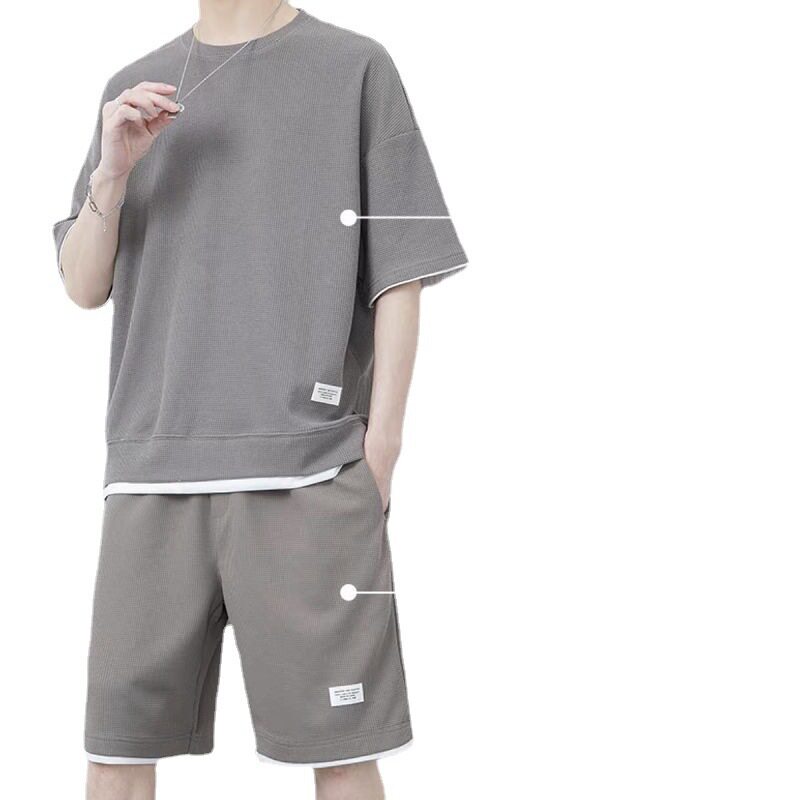 华夫格休闲套装男夏季冰丝短袖t恤男装一套搭配帅气大码运动套装