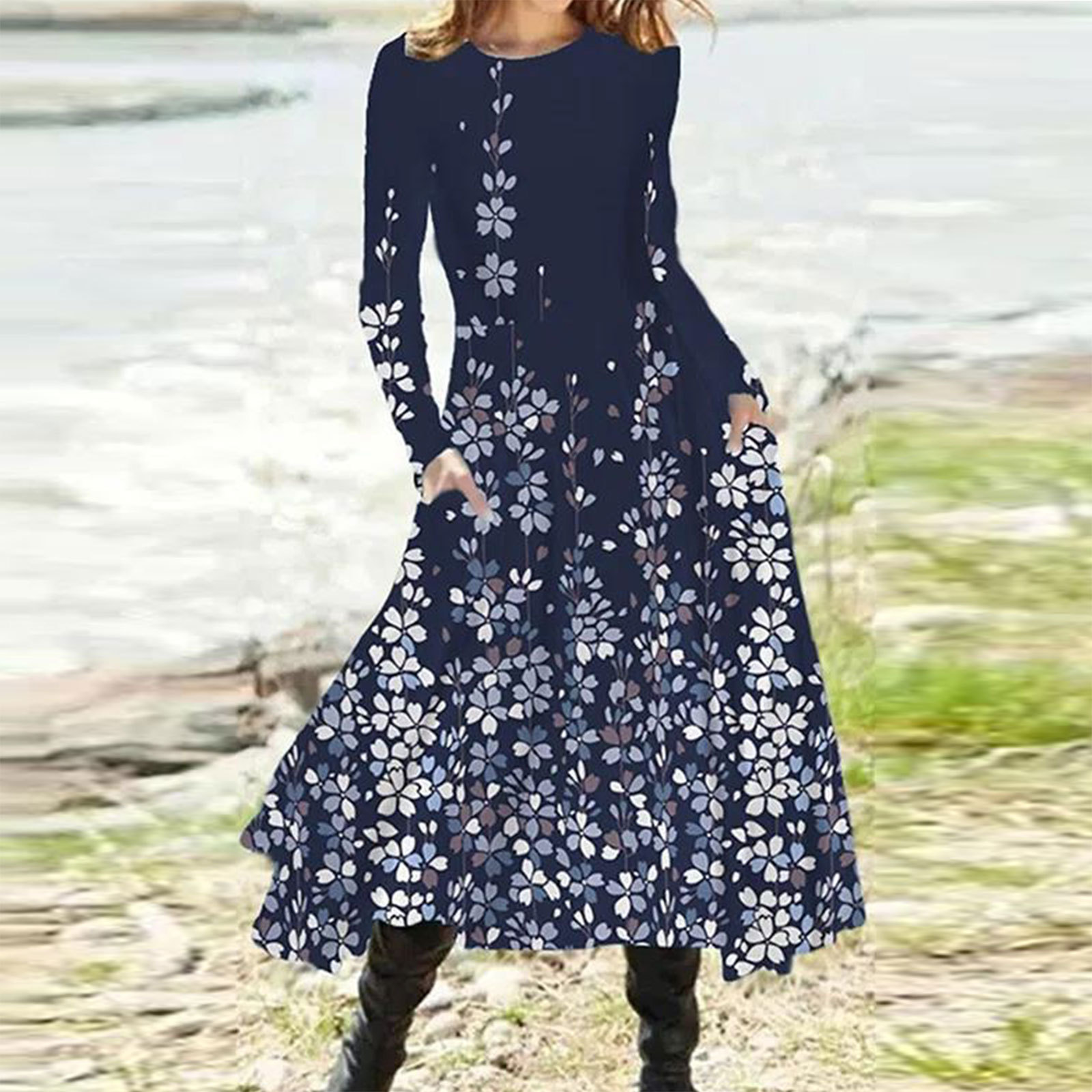 Long Sleeve Gradient Print Maxi Dress with Pockets for Fall Winter Wholesale in Various Sizes and Colors
