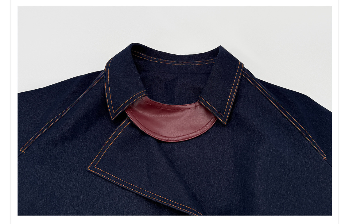 Áo khoác dáng trench denim phối chỉ tương phản cổ bẻ thắt eo dài trung — Xanh navy (giao hàng trong 7 ngày)