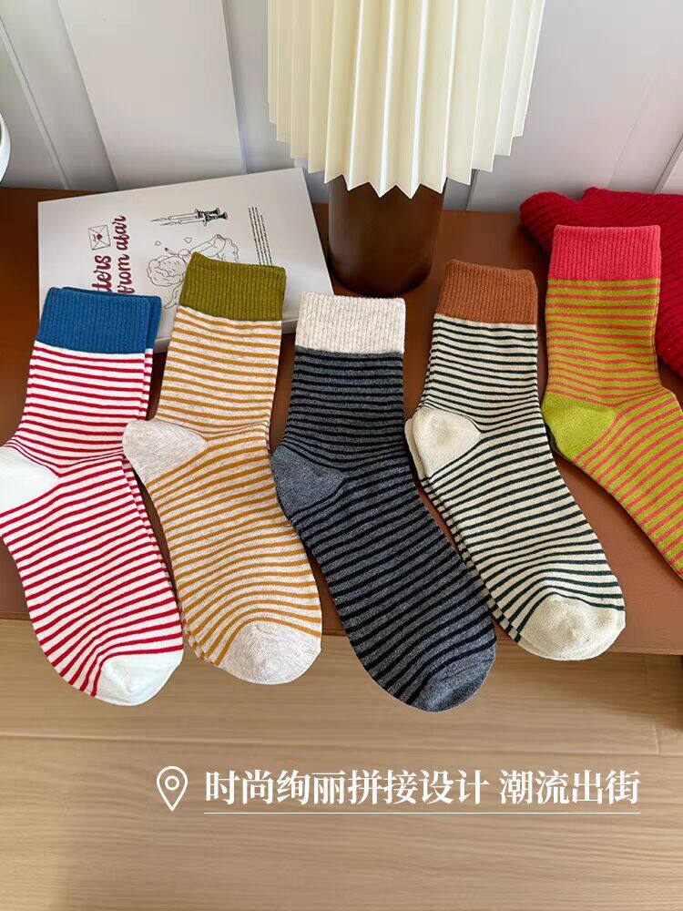 秋冬袜子女中筒袜日系女士中腰格雷系蝴蝶结长袜灰色系爱心中筒袜