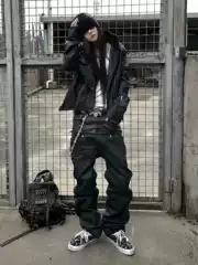 American Street Style Double-Waist Pu Patchwork Distressed Vintage Jeans Unisex Subculture Design Punk Stacked Long Pants