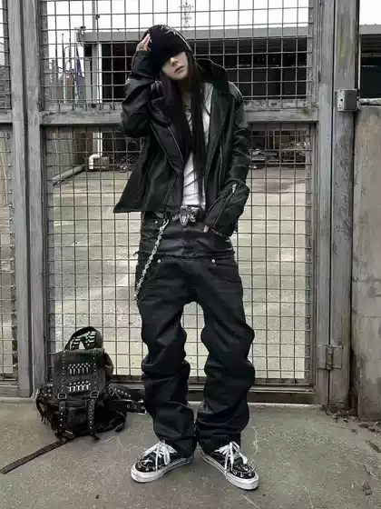 American Street Style Double-Waist Pu Patchwork Distressed Vintage Jeans Unisex Subculture Design Punk Stacked Long Pants