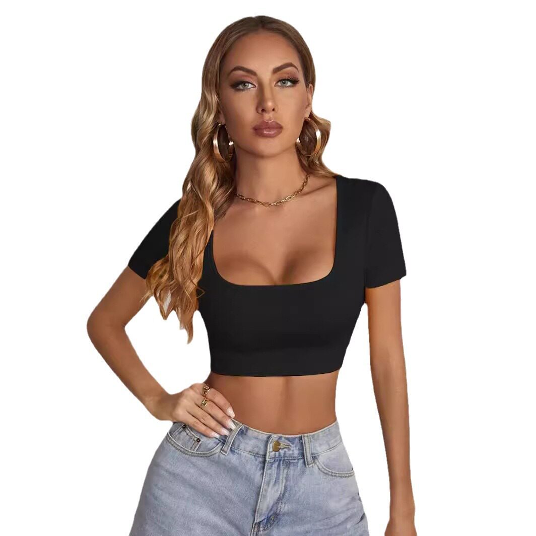 Summer Womens Crop Top Square Neck Slim Fit Short Sleeve Trendy Street Style Wholesale Available