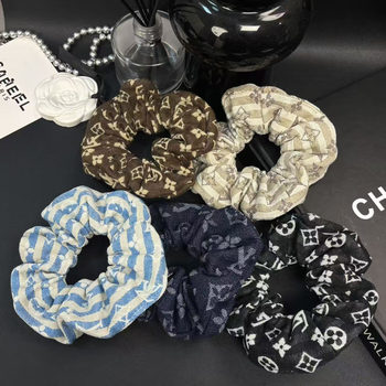 Autumn and Winter High-End Retro Denim Printed Hair Band Letter L Ball Head Low Ponytail Large Intestine Ring Fabric Rubber Band Versatile
