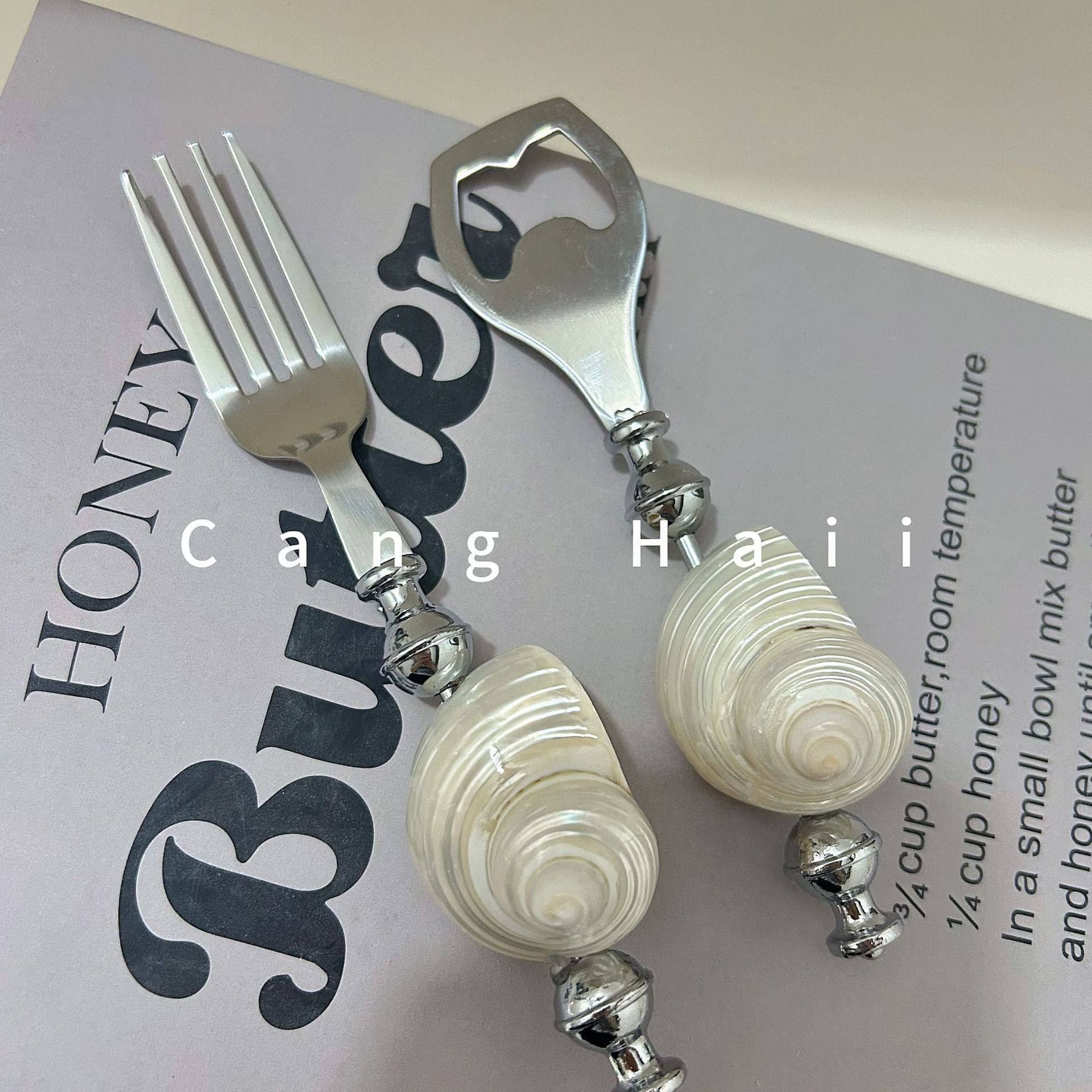 Natural Conch Shell Pearl Fork Bottle Opener Tableware Pasta Pearl Metal Stainless Steel Ocean Style Meal