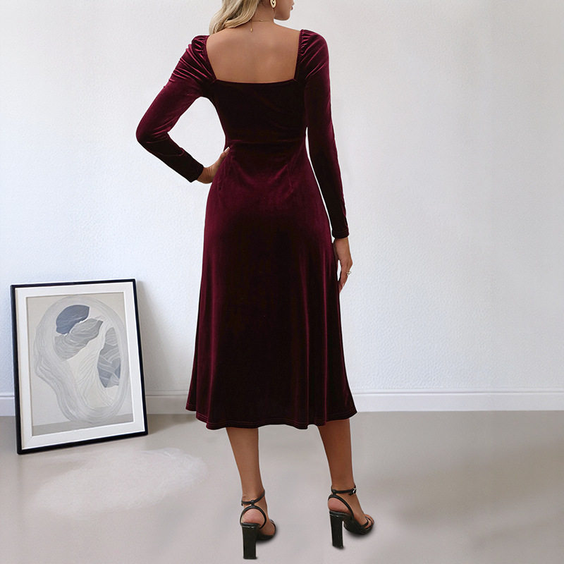 Vintage Style Velvet Evening Dress Solid Color Square Neck High Slit Perfect for Dates and Special Occasions