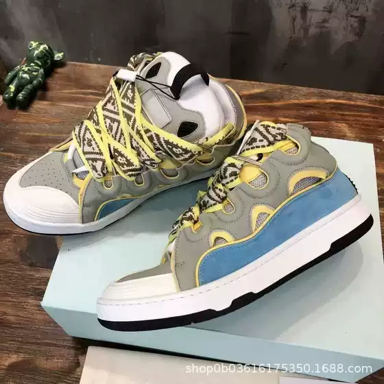 Cross-border LANVIN Unisex Leather Panel Lace-up Curb Sneakers Retro Skate Shoes Dad Shoes New Arrival