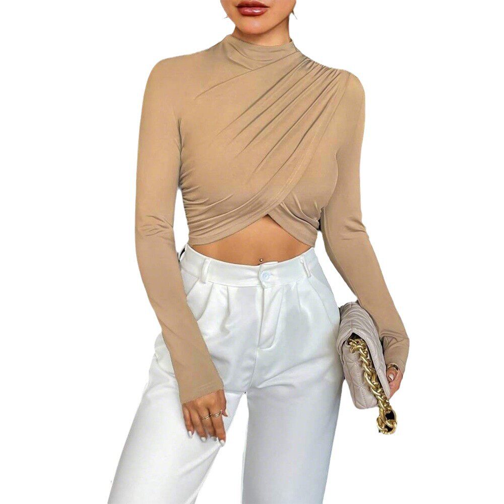 Elegant Womens Cropped T Shirt Slim Fit Half High Neck Long Sleeve Solid Color Summer Casual Wear Wholesale
