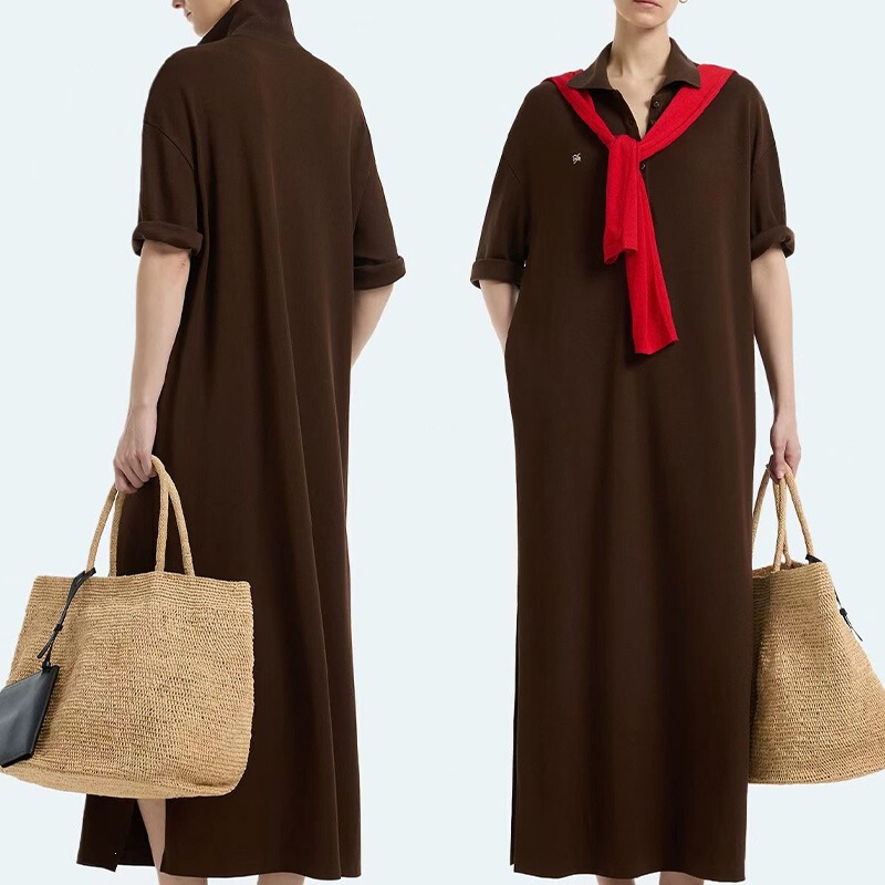 Đầm polo nữ dáng suông dài tay ngắn cổ polo phong cách tối giản — màu đen, Màu nâu, Màu trắng