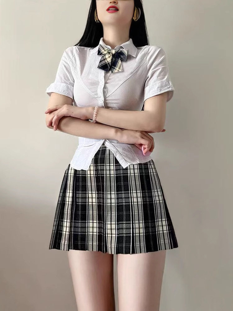 Suit Jk Uniform Shirt Waist Slimming Look Two-Piece Pleated Skirt Preppy Style Puff Sleeve Pure Lust Style Skirt