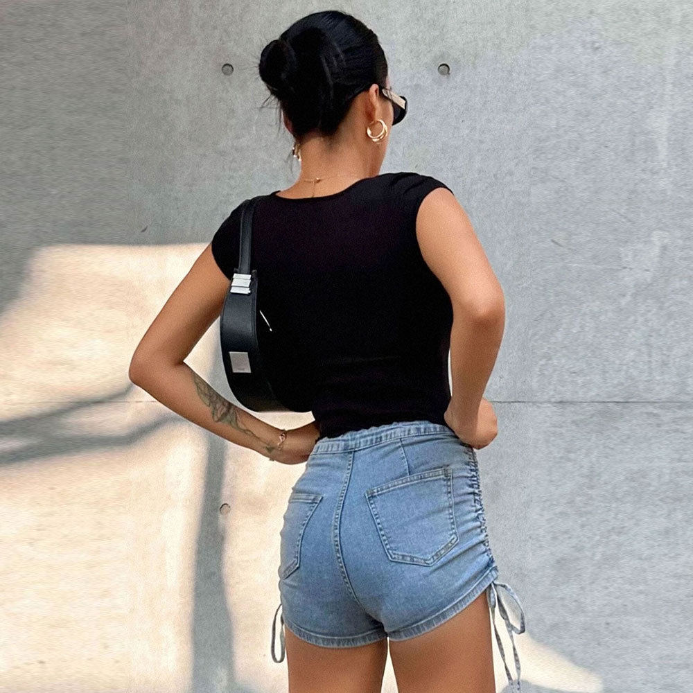 V Neck Ruched Slim Fit T Shirt Stretchy Cropped Solid Color Short Sleeve Summer Casual Wear Wholesale Available