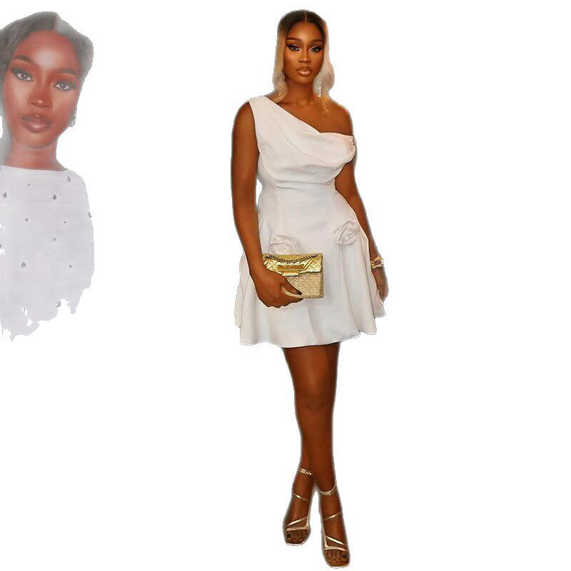 A Line Dress Waist Defining Pleated Asymmetrical Neckline Fashionable Casual Wear Wholesale Available
