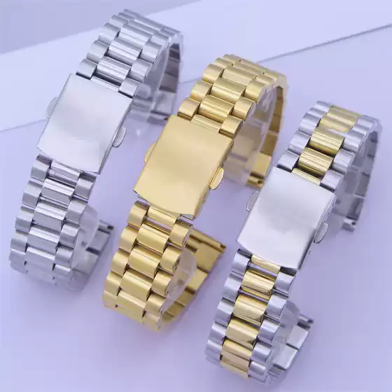Watch Accessories Stainless Steel Three-Bead Steel Watch Band Double Press Folding Buckle Flat Steel Band Men's Watch Band 18 20mm