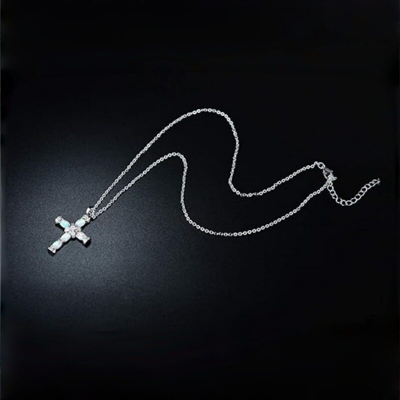 New Design White Imitation Opal Cross Pendant Necklace for Women Silver Jewelry