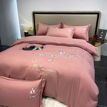 New Washed Cotton Brushed Embroidery Four-Piece Set Solid Color Warm Bed Sheet Duvet Cover Bedding Set Wholesale