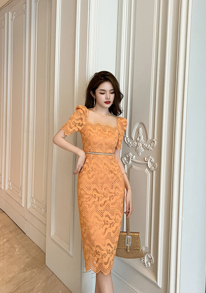 Đầm ren ôm body nữ cổ tròn tay ngắn cao eo — [Xoài đá] chi tiết 16