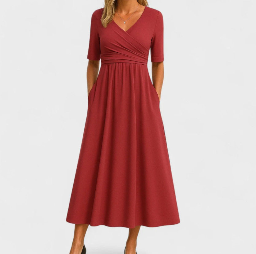 Elegant Womens Solid Color Maxi Dress V Neck Mid Sleeve Summer Style Available for Wholesale