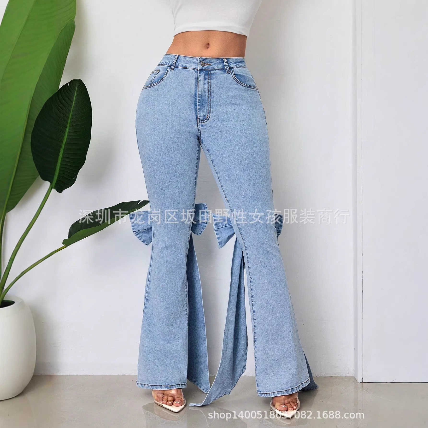 High Waisted Flared Jeans Vintage Style 3D Bow Detail Slim Fit Stretch Fabric Casual Wear Wholesale Available