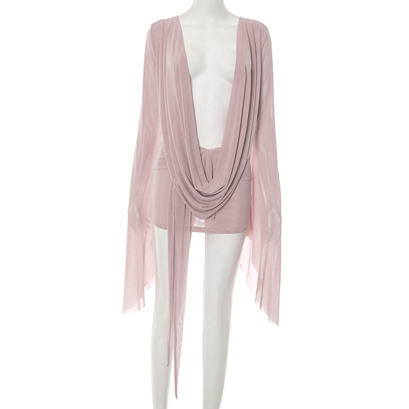 D25DS222 欧美跨境新款女装网纱荡领大摆长袖露背A字短袖连衣裙女