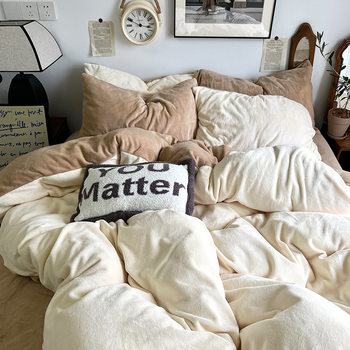 Autumn and Winter Thickened Simple Double Solid Color Milk Velvet Three or Four Piece Bedding Set Bed Sheet Quilt Cover Fitted Sheet Wholesale