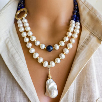 Niche Natural Lapis Lazuli Pearl Women's Necklace Clavicle Chain Baroque Imitation Pearl Necklace European and American Jewelry Supply