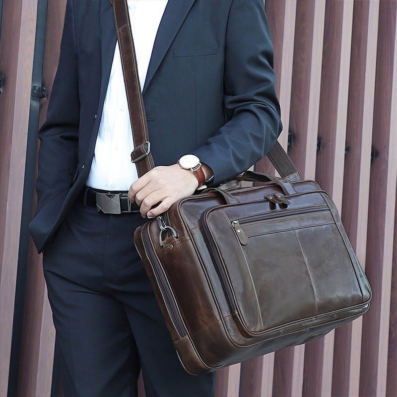 Cặp da thật nam công sở đựng laptop 17 inch dáng briefcase cổ điển — Da sáp dầu màu cà phê, Da Napa màu đen, Da ngựa điên Màu nâu sẫm (YKK), Napa đen (YKK)