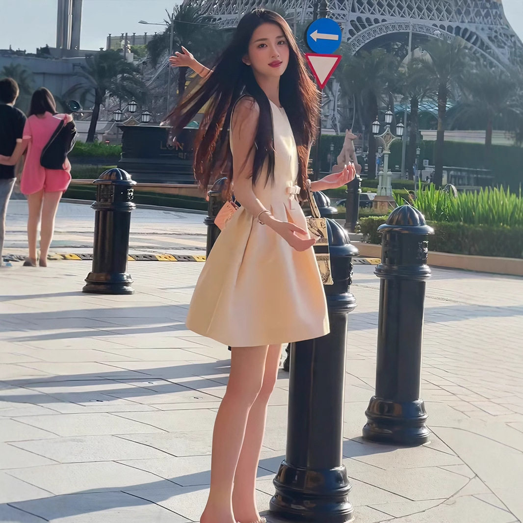 Đầm suông nữ midi cổ tròn không tay, eo cao, phong cách Pháp — Trường An chi tiết 5