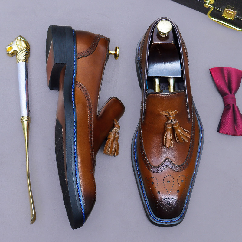 Giày da nam da bò thật chạm khắc brogue cổ thấp kiểu lười có tua rua — Màu nâu (cạnh xanh), Màu nâu (viền đen), đen (cạnh xanh), đen (viền đen)