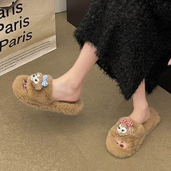Cartoon Cute Furry Slippers for Women to Wear Outside 2025 New Indoor Non-Slip Thick-Soled Warm Cotton Slippers That Feel Like Stepping on Shit