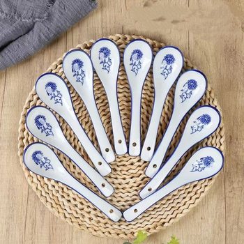 10 Blue and White Porcelain Spoon Household Ceramic Soup Spoon Large Lanzhou Ramen Spoon Hotel Spoon Long Spoon Rice Spoon