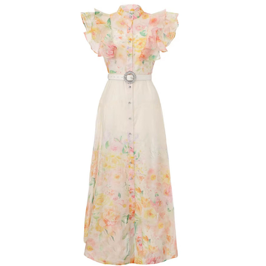 Elegant Ruffled Sleeve Dress Spring Fall Floral Print Rhinestone Button Tie Waist Flared Hem Perfect for Vacations