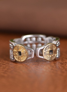 纯银五帝钱戒指复古做旧开口设计