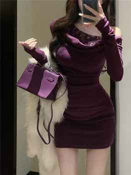 Lace Splicing Off-Shoulder Long-Sleeved Dress for Women in Autumn and Winter Slim-Fitting Pure Lust Hip-Hugging Short Skirt Purple Waist-Hugging Skirt