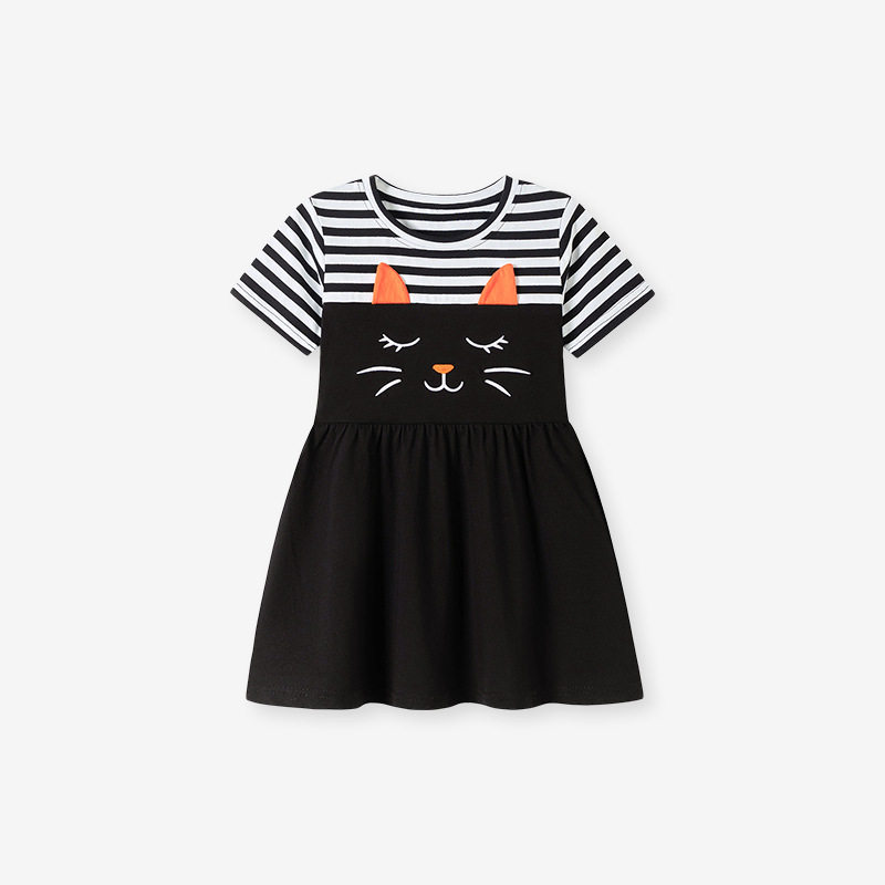 Girls' Summer Cute Cat Dress Wholesale from Factory, Style Striped Short-Sleeve Dress